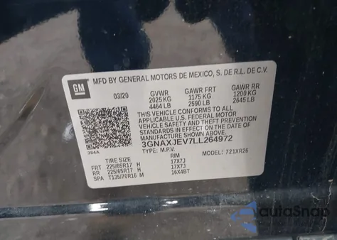 2020 Chevrolet Equinox Fwd 2Fl z USA, uszkodzony, nr VIN 3GNAXJEV7LL264972